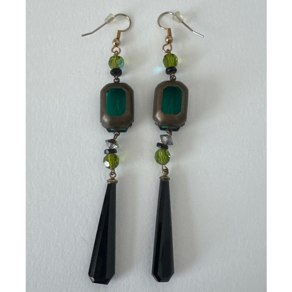 1990s–2000s Teal Glass & Onyx-Style Drop Earrings - Picture 2 of 11